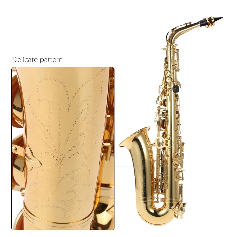 Eb Alto Saxophone Brass Lacquered Gold E Flat Sax 802 Key Type Woodwind Instrument with Cleaning Brush Cloth Gloves Strap Case