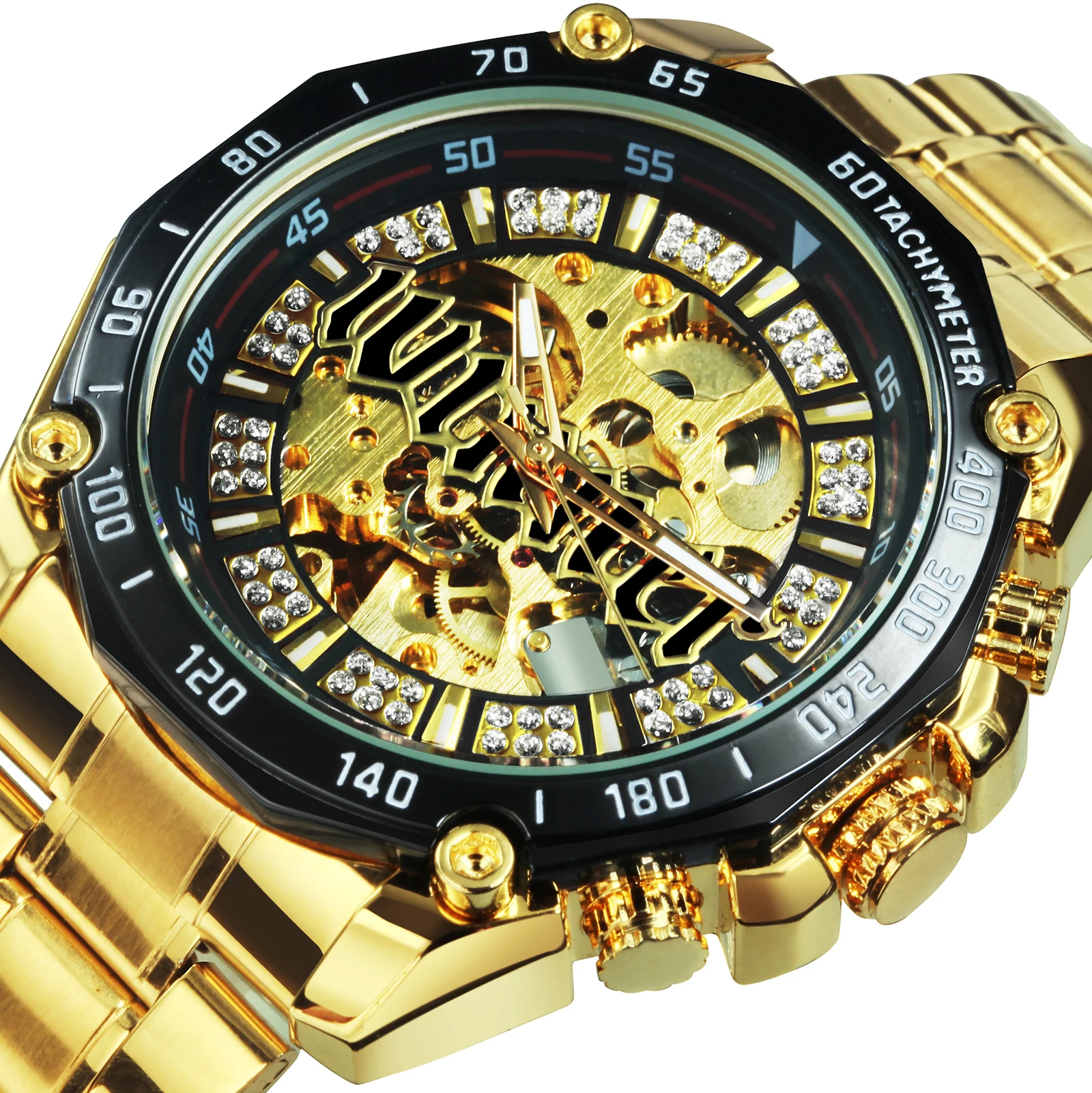 WINNER Military Gold Automatic Watch for Men Luxury Brand Iced Out Skeleton Mechanical Watches Luminous Hands Stainless Steel