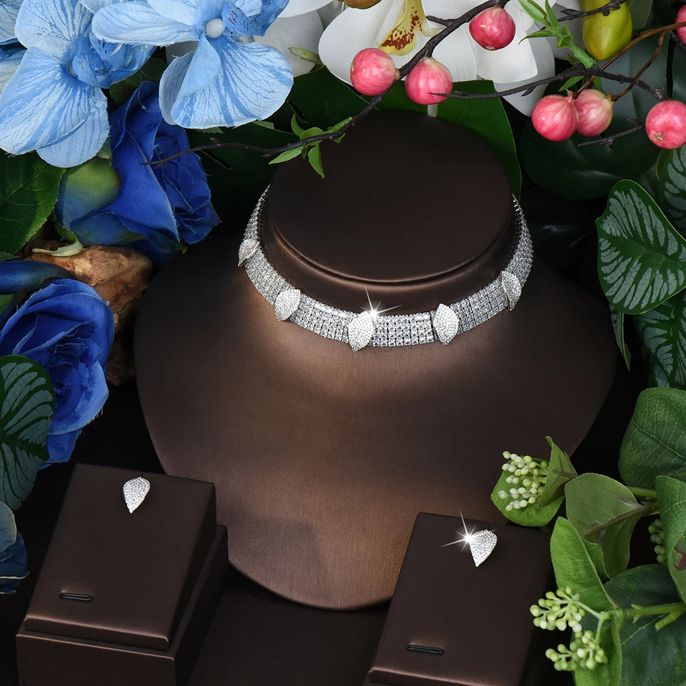 

Gorgeous Statement Leaf Embellished Stereoscopic Necklace Earrings Zircon Jewelry Set Dubai Women's Wedding Prom Gift M-726