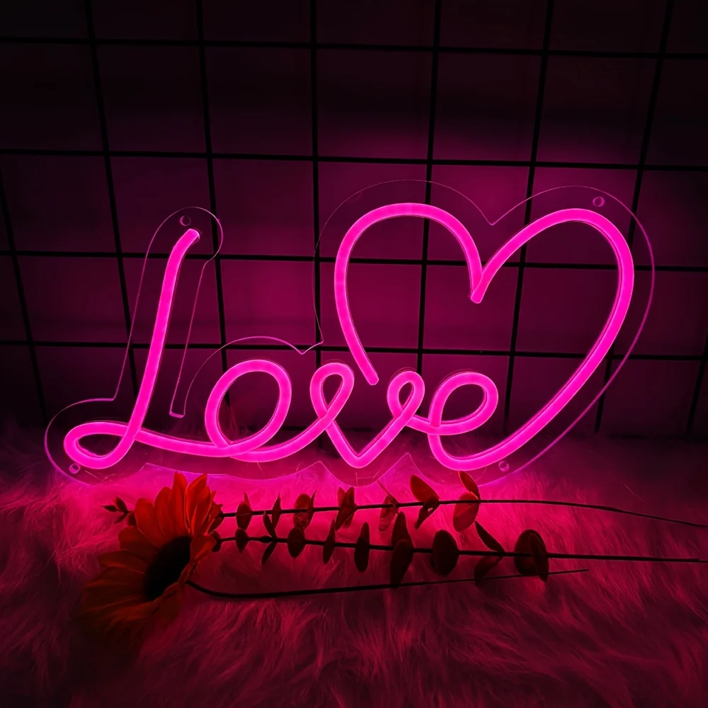 

Dimmable LED Neon Light Sign - USB-Powered Pink LOVE Wall Decor with Heart Accents, Wall-Mounted Switch