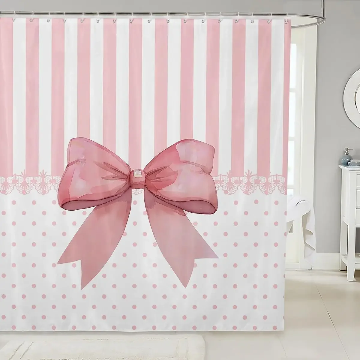 Bow Shower Curtain Cartoon Cute Pink Stripe Polka Dot Strawberry Kid Girl Home Polyester Fabric Bathroom Decor Curtain with Hook