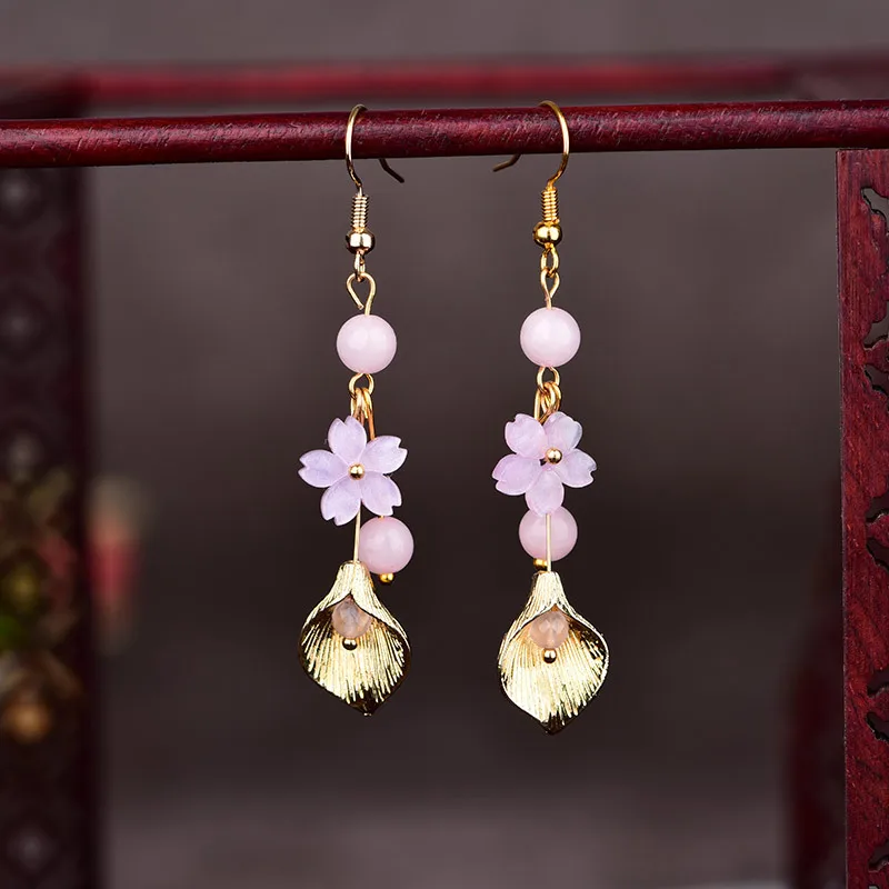 

Pink Natural Jade Flower Earrings Real Jewelry Fashion Accessories Amulet Vintage Talismans 18K Gold Plated Gifts for Women