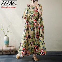 THHONE Summer Dress for Women Floral Casual Cotton Linen Loose Vestidos Robe Oversized Vintage Bohemian Print Maxi Long Dresses