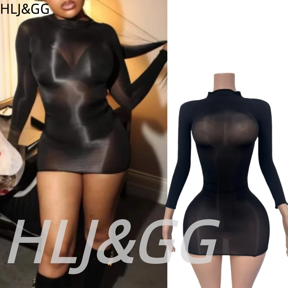 

HLJ&GG Sexy Mesh See Through Bodycon Mini Dress Women Round Neck Long Sleeve Stretchy Vestidos Fashion Party Clubwear Clothing