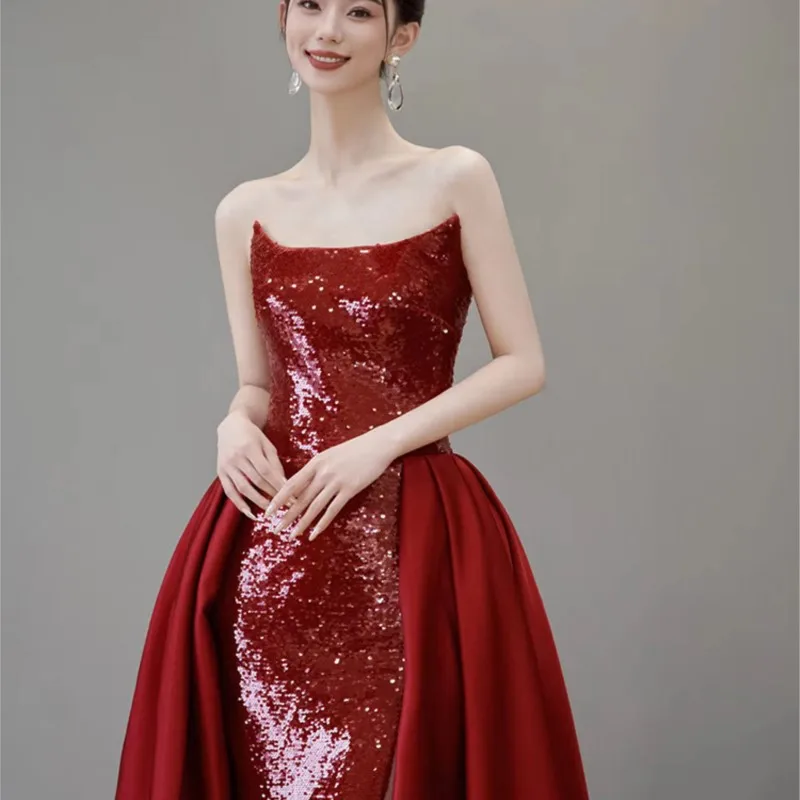 

Wine Red Toast Clothing Sense Banquet Temperament Light Luxury Elegant Host Sequined Female Dress