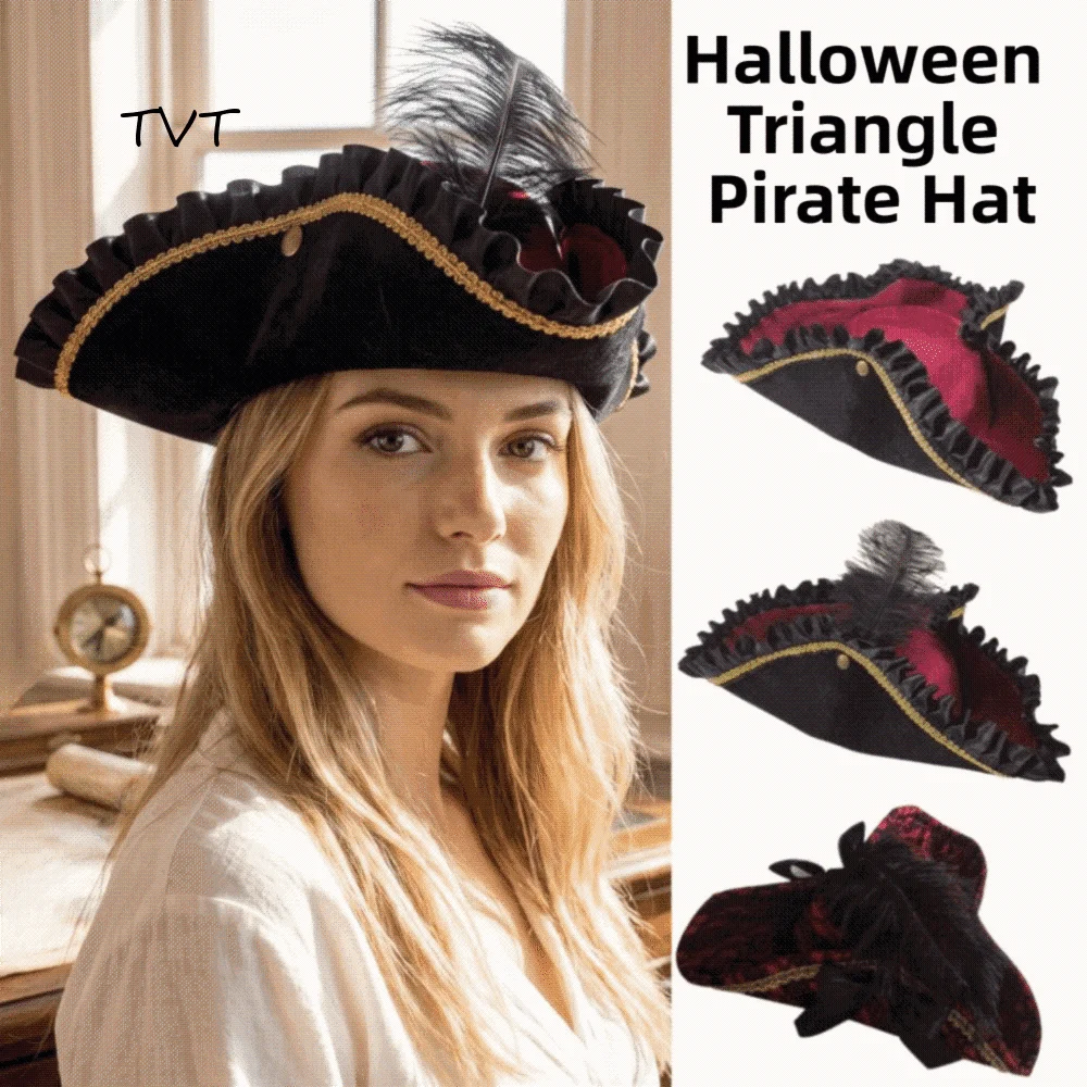 Satin Triangle Pirate Hat Feather Decors Pleated Ruffled Halloween Costume Hat Dress Up Lace Trim Costume Cosplay Cap