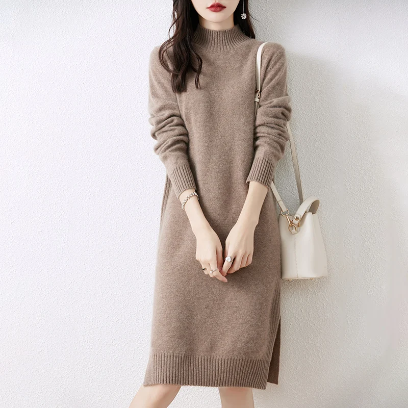 

ANGEL Women's Mock Neck Pullover Sweater Dress 100% Merino Wool Knitwear Basic Solid Soft Autumn Winter Cashmere Skirts Clothing