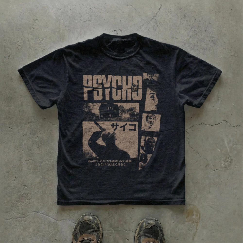 Psycho Graphic T-shirt Unisex Horror Movie Tee with Japanese Typography Vintage Streetwear Aesthetic Retro Film Movie Lover Gift