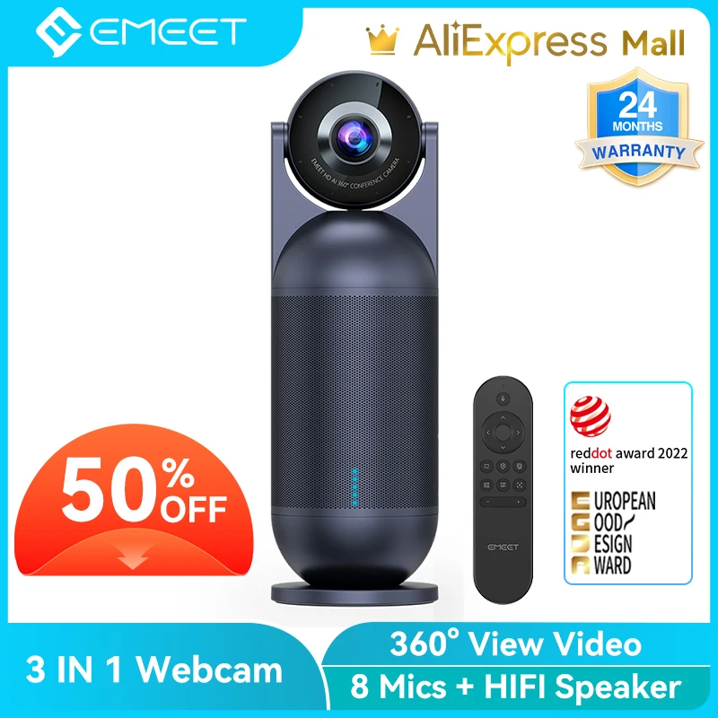 360 ° vídeo conferência câmera tudo-em-um 1080p webcam com 8 microfones e alto-falante hi-fi EMEET reunião cápsula