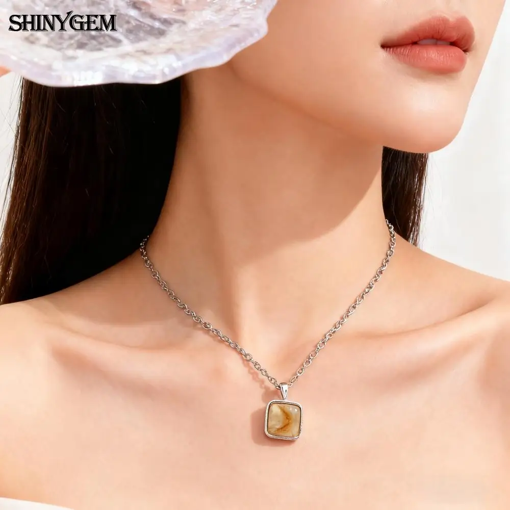 

SHINYGEM Jewelry Gold Plated Natural Crystal Square Amazonite Amethyst Citrine Women Gemstone Platinum-Plated Pendant Necklace