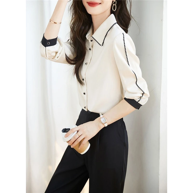 Women High Quality Satin Business Casual Office Lady Shirt Korean Style Elegant Chic Blouse Simple Long Sleeve Tops Blusas Mujer