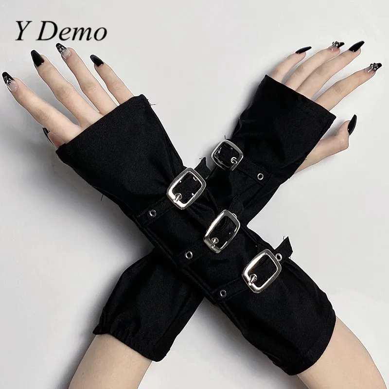 Y Demo Techwear Gothic Buckles Adjustable Strap Elbow  Sleeve Female Black Half Exposed Finger Gloves