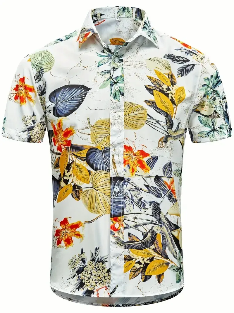 Plantas de folha vintage masculina Camisas 3D estampadas, moda Harajuku, streetwear casual, camisa manga curta, blusa, roupa masculina, verão