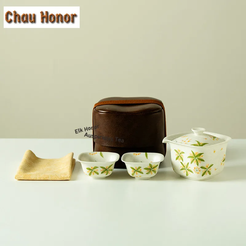 

Hand-painted Osmanthus Flowers Travel Tea Set Kit Antique 1 Pot 2 Cups Tea Brewing Organizer Portable Picnic Tote Bag Decoration