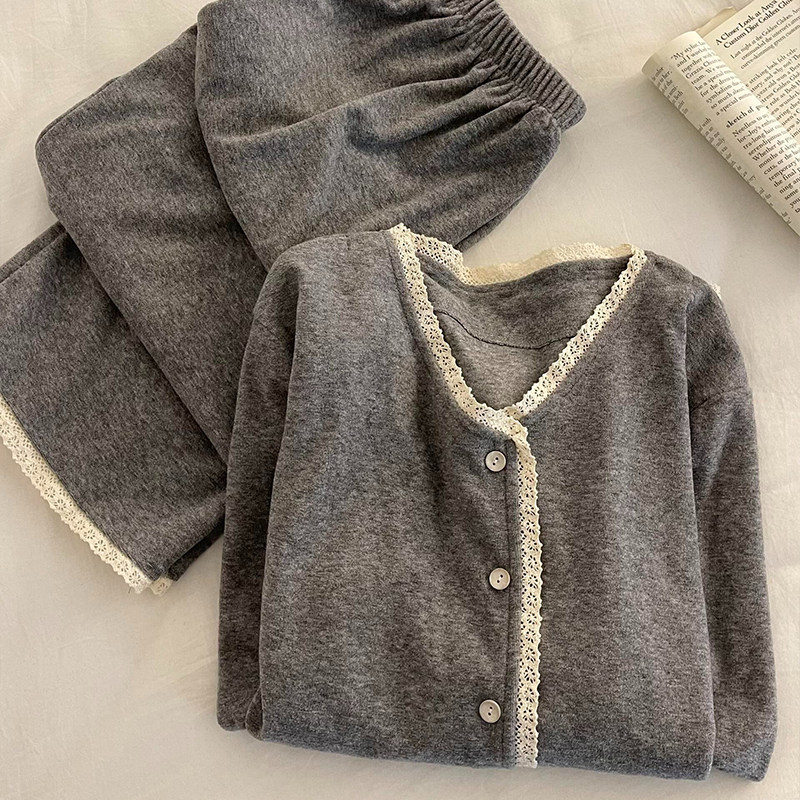  Korean Style Velvet Sleepwear Women's Autumn Winter New Outwear Sweet Lace Long Sleeve Long Pants Home Clothes Set 