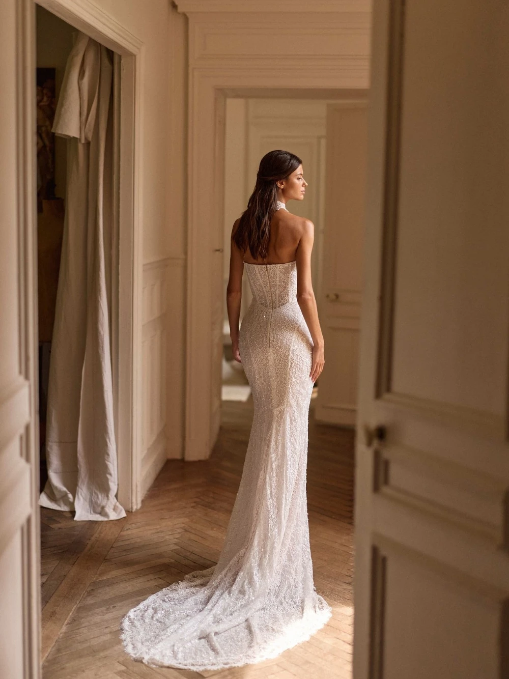 Newest Strapless Mermaid Wedding Dress, Glitter Lace Slim Fit Bridal Gown, Romantic Popular Beaded Bride Wear, Customized