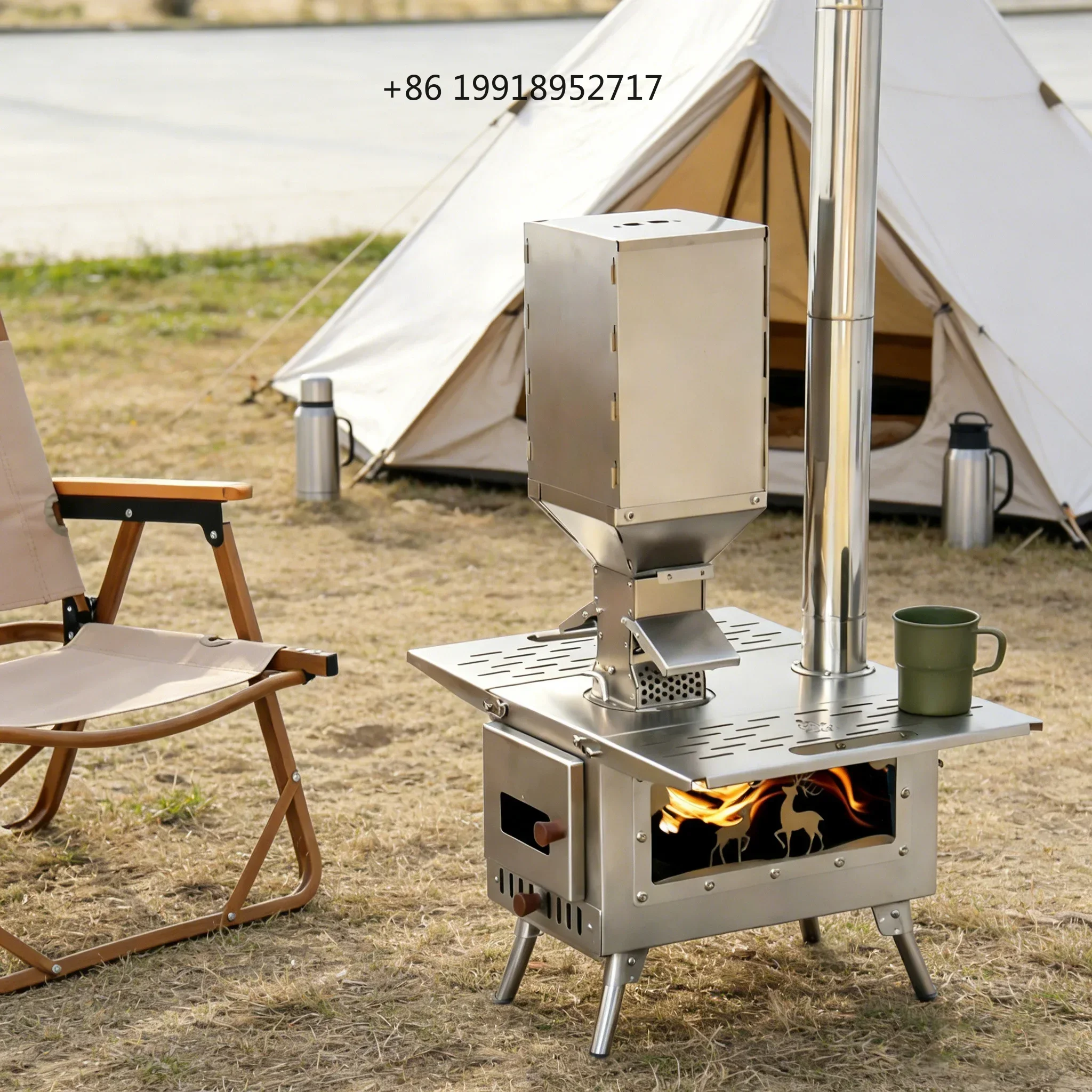 Portable Fire Wood Stove Stainless Steel Outdoor Camping Stove with Chimney / Burner for Camping, Cooking, Heating JJ324