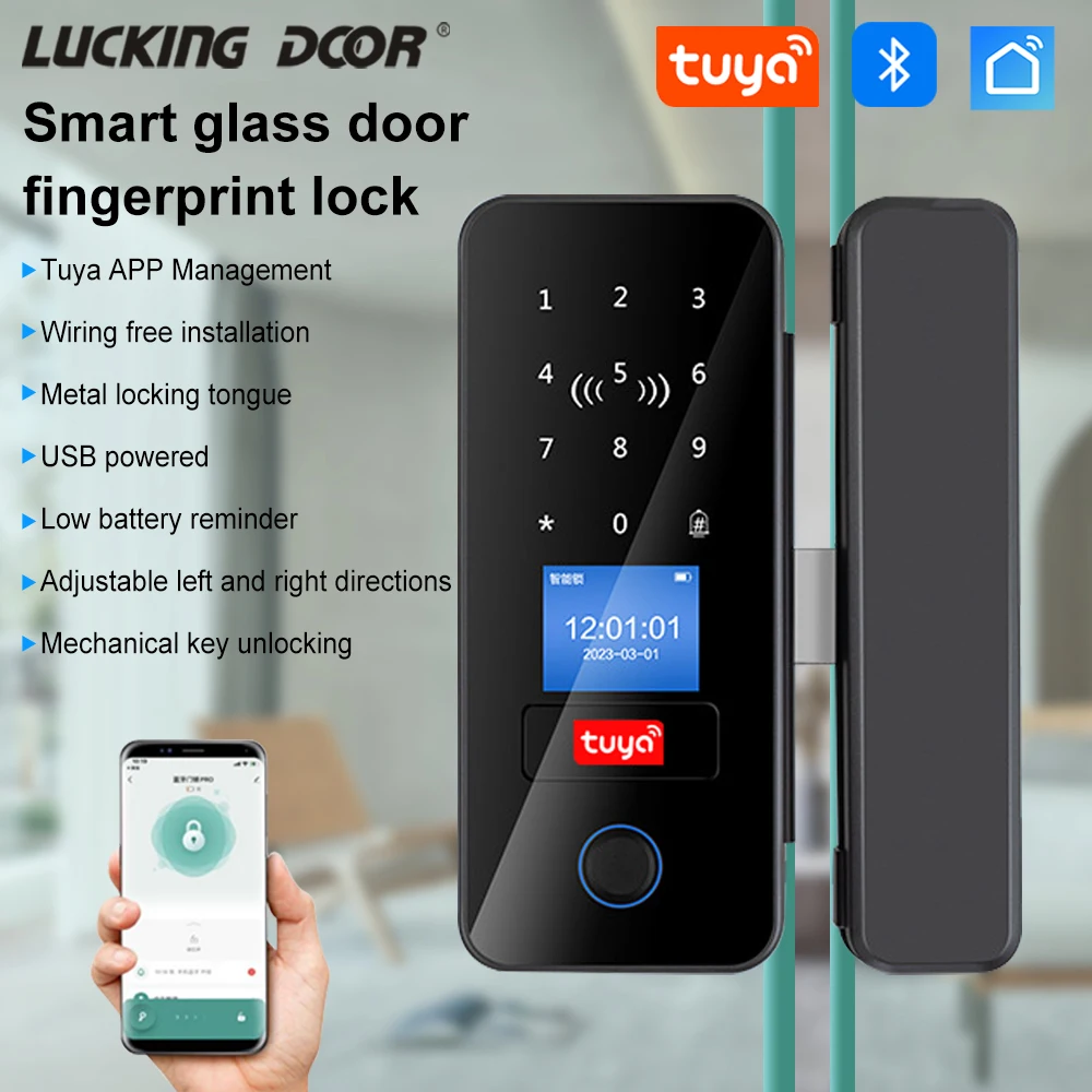 Tuya App Serratura per porta in vetro con impronta digitale LCD Occhiali intelligenti Bluetooth Serratura biometrica Sblocco telecomando scheda IC 13,56 Mhz