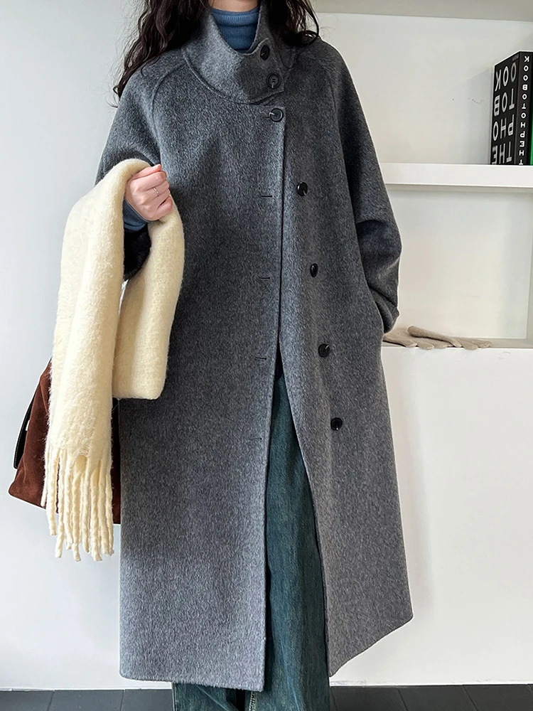 

Loose Fit Gray Big Size Long Woolen Coat New Stand Collar Long Sleeve Women Jacket Fashion Tide Autumn Winter O844