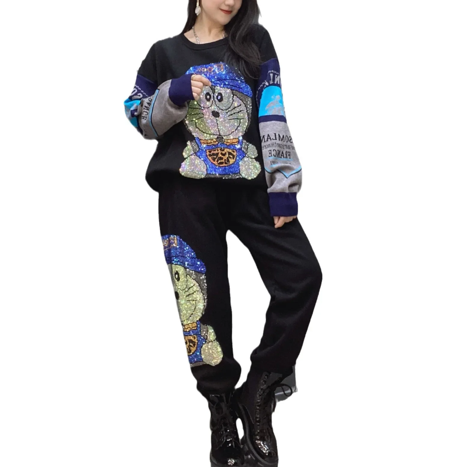 Fashion Cartoon Diamonds Sweater Set with Long Pants Women Winter Clothes Thick Velvet Loose Two Piece Sets Womens Outifits