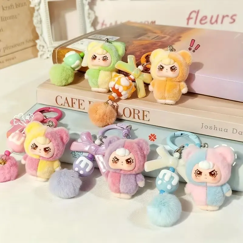1Pc Cartoon Dopamine Flocked Keychain Pendant Phone Chain Cute Charm Bag Decoration Small Ornament, Accessories with Random Styles and Colors