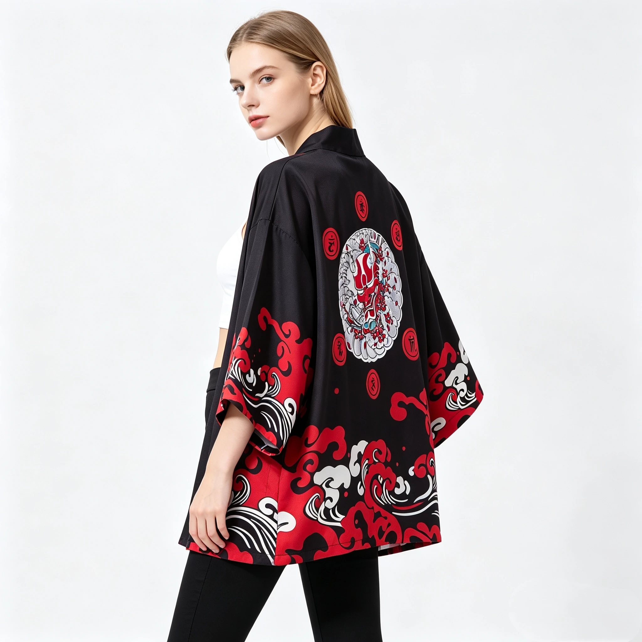 Japanese Ukiyo-e Demon Oversize Haori Jacket, Women Men Kimono Cardigan with Wave Print for Cosplay or Streetwear