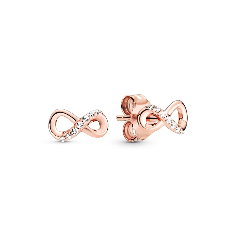 Orecchini a bottone infinito scintillanti in argento 925 placcato oro rosa 14 carati orecchini a bottone con piume curve galleggianti gioielleria raffinata da donna