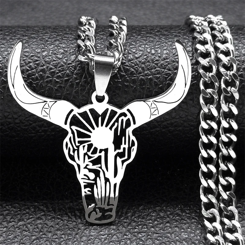 Mode Bull Kopf Anhänger Tier Cowboy Halskette Frauen Männer Edelstahl Silber Farbe Mexikanische Kuh Halsketten Schmuck N3214S03 – Detail 4