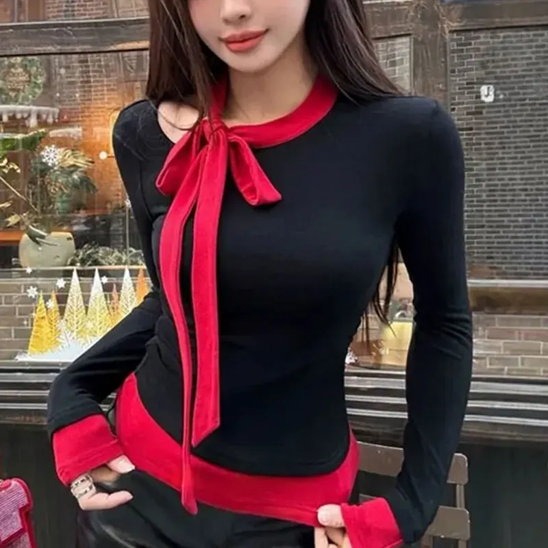 

Hotsweet Fashion Hollow Out T-shirts Autumn O-Neck Bow Drawstring Female Clothing Contrasting Colors Patchwork Slim Pullovers