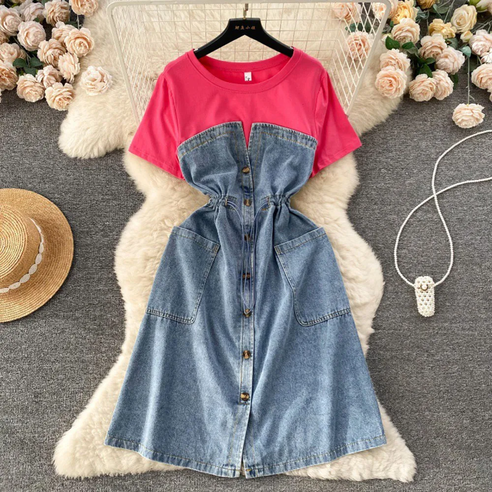 Korean Temperament Age-reducing Fake Two-piece Dress Female French Advanced Sense Round Neck Spell Receiving Waist Denim Skirt.