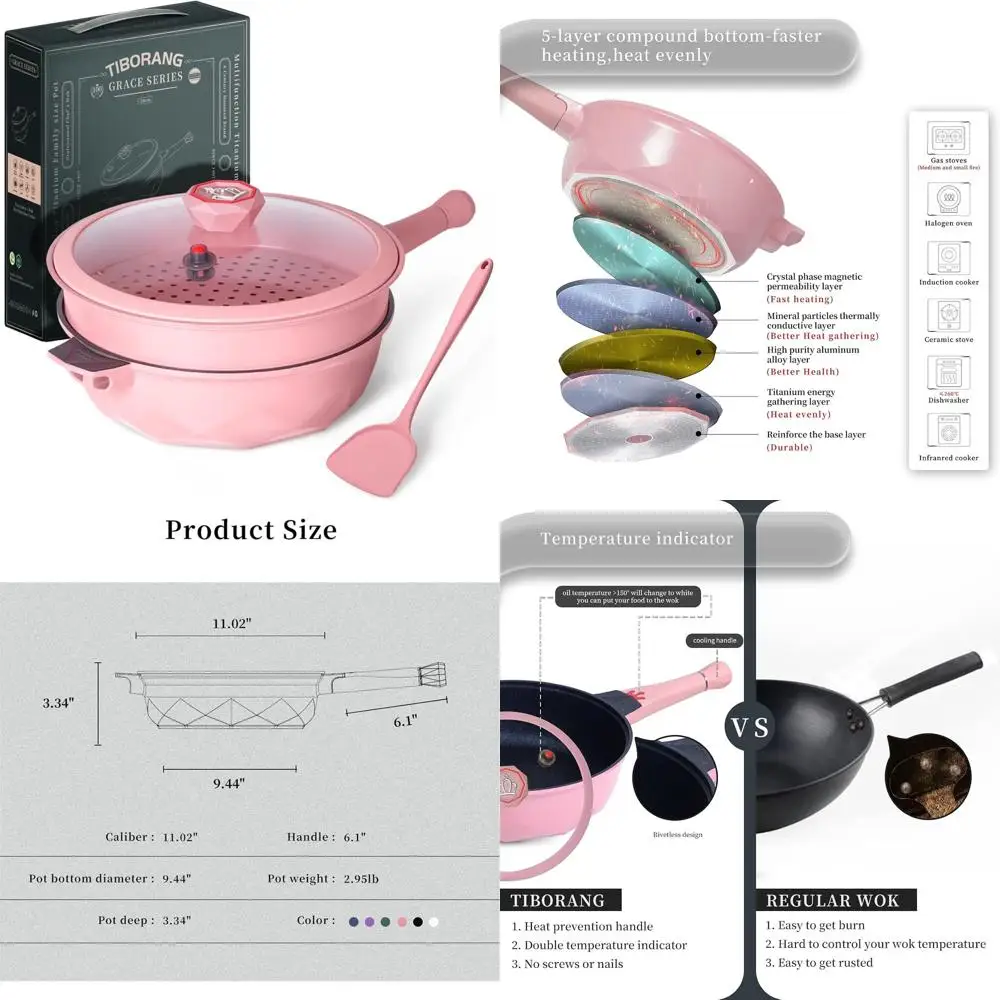 

11 Inch 5 Quart Heat-Indicating Nonstick Deep Fry Pan with Glass Lid, Cool Handle, Steamer, PFOA-Free, Dishwasher & Oven Safe, S