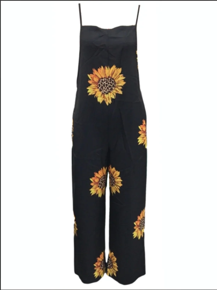 Trendy Casual Mouwloze Bretels Jumpsuits Voor Dames Zwart Bedrukt Losse Broek High Street Zomer Jumpsuits