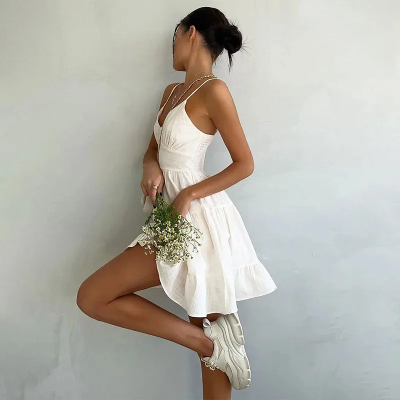 

Spring Summer Women’s Linen Cotton Dress Vintage A-line V-neck Camisole Sexy Hot Girl Ruffles Dress For Hot Weather Outfits New