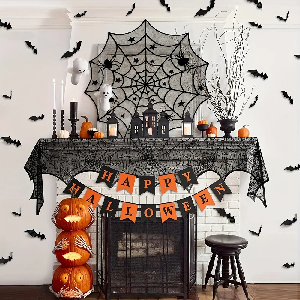 Halloween Decor Bundle for Home, Party, Kitchen Spider Web Table Runners & Halloween Banner & Mantel Scarf & 36 PCS 3D Bat Stick