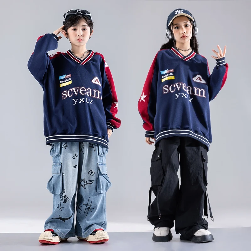 Boys Girls Hip-hop Clothes Street Jazz Dance Costume Long Sleeve Top Jeans Cargo Pants Suit Stage Outfit Catwalk Wear DQL10060