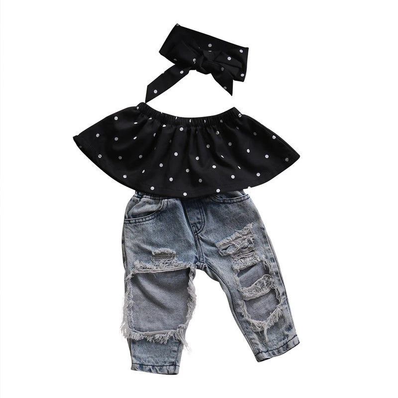 Toddler Kids Baby Girls Off Shoulder Tops Denim Pants Hole Jeans Outfits Summer Fashion Csual Kids 3PCS Clothes