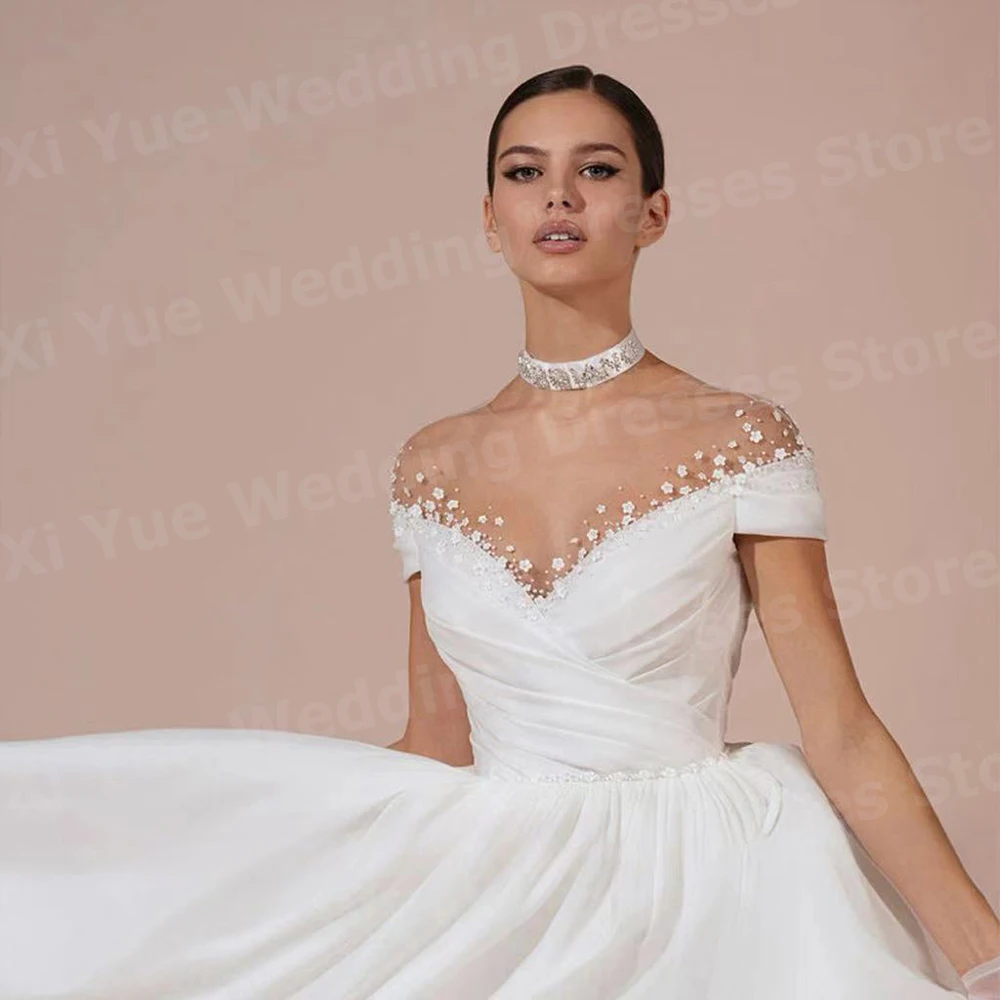 Vestidos De novia elegantes De línea A para mujer, bonitos Vestidos De novia De flores, Vestidos De manga corta, Vestido De novia personalizado De princesa