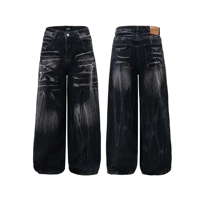

HELLOMARCEL Top Quality EU US Wide Leg Acid Wash Jean Pants Trousers For Men High Street Wear Luxury Men Baggy Denim Pants
