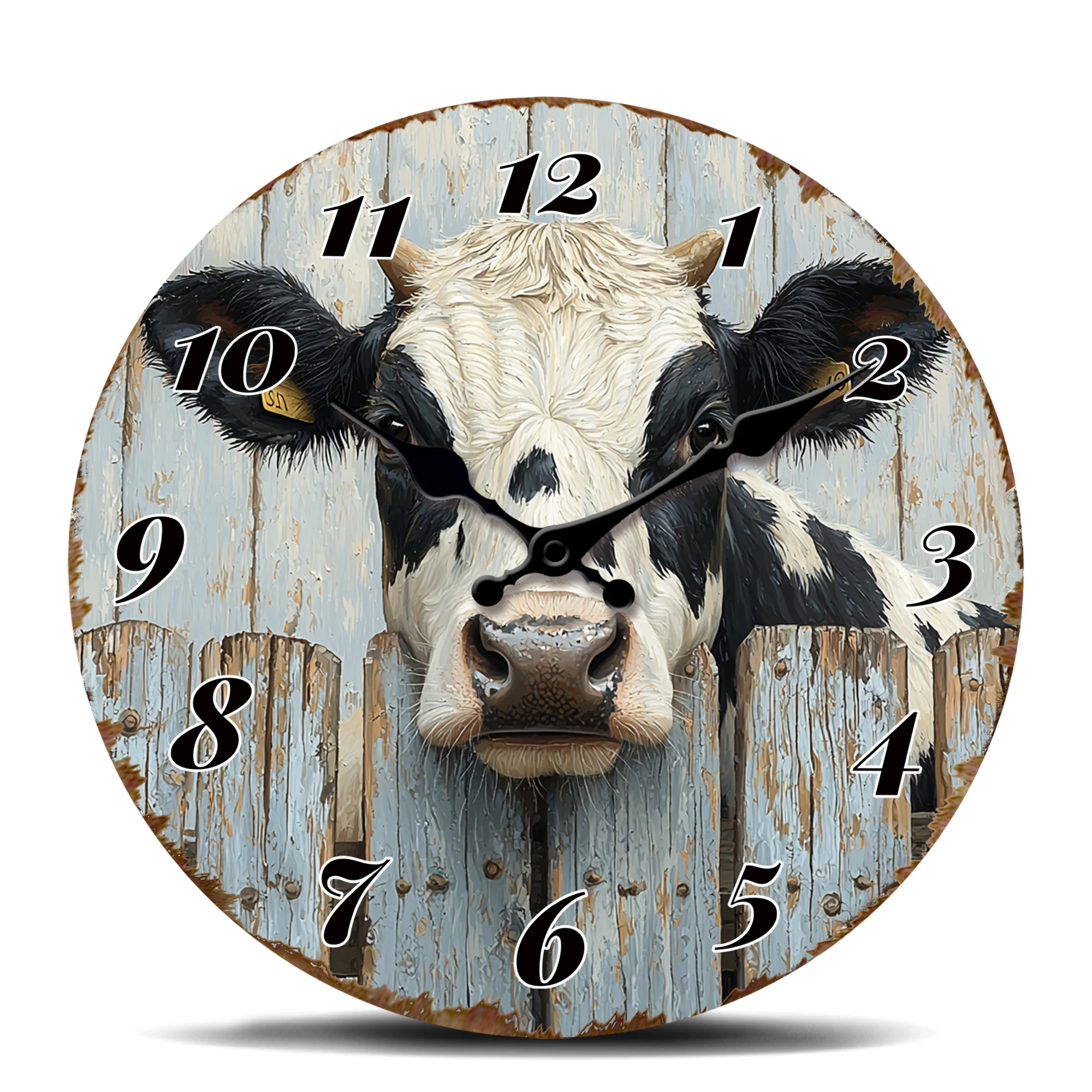 Schwarz-weiße Kuh-Wanduhr in Scheunen – rustikales hölzernes Zaun-Design, 2D-Druck – geräuschlose, nicht tickende Bauernhaus-Dekor-Uhr