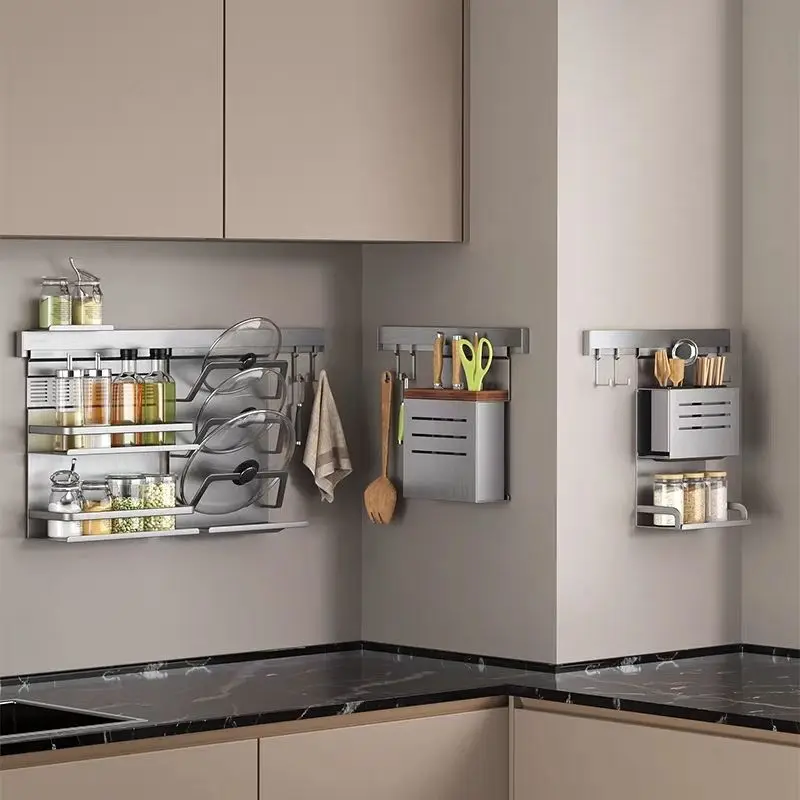 

Kitchen rack Multifunctional wall-mounted knife holder Seasoning Wall pot cover hanging