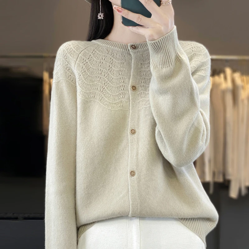 Autumn and Winter New 100% Pure Wool Cardigan Women's Round Neck Loose Jacquard Coat Fashion Warm Hollow Jacket Thick Base Shirt