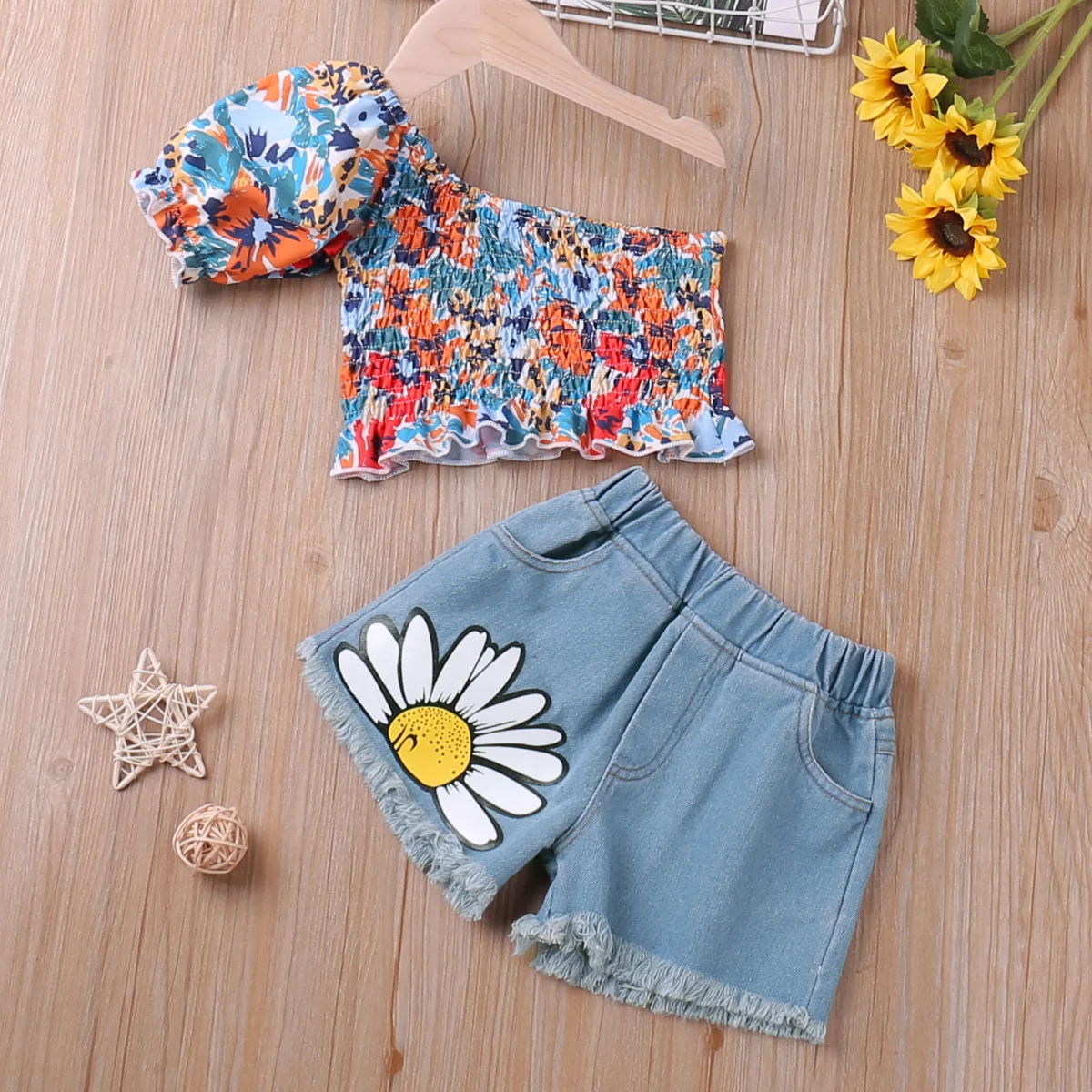 Girls Clothes Sets Summer Toddler Korea Style Flower Collar Striped T-Shirt+Denim Shorts 2 Pcs Kids Clothes