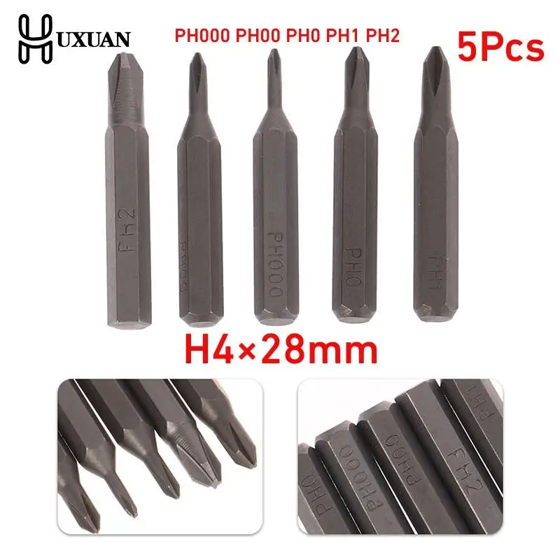 Chave de fenda transversal magnética, H4 × 28mm, PH0000, PH000, PH00, PH0, PH1, PH2, 4mm Hex Shank Nutdrivers, ferramentas manuais, 5pcs