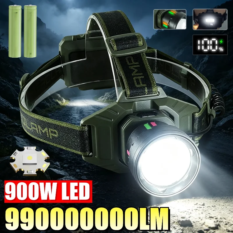 990000000LM Rechargeable Headlamp Super Bright 900W LED Headlight With Tail Light 18650 Waterproof Head Torch For Fishing Campin