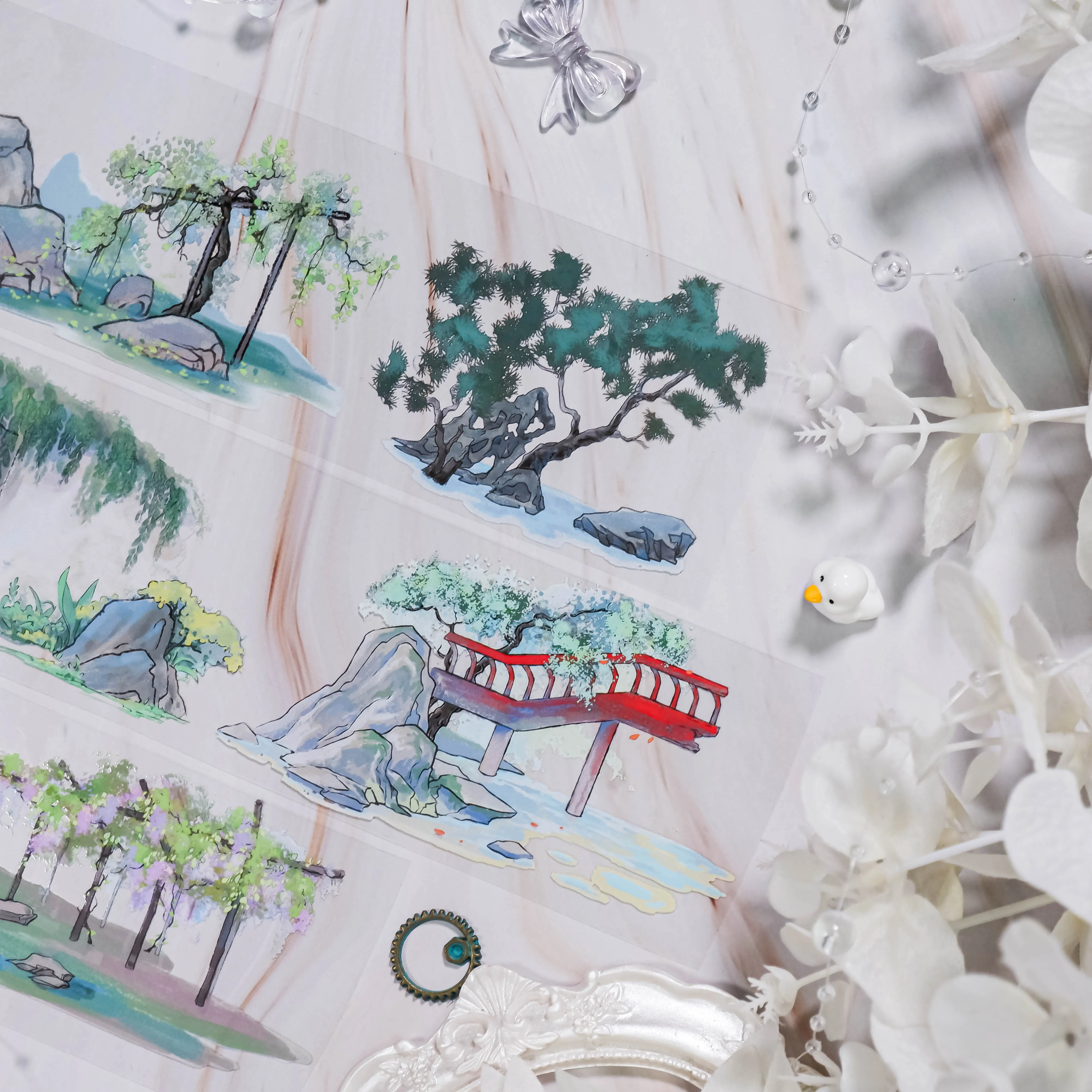 Spring Tape In The Garden PET Garden Landscaping Bridge Dead Tree Pond National Wind Collage Card Diy