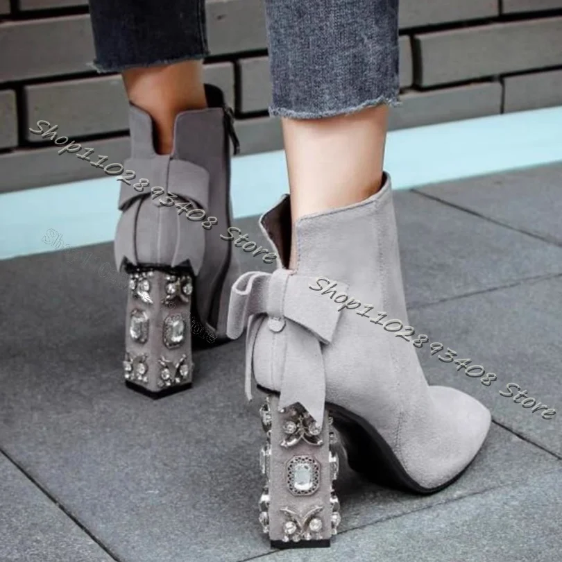 Gray Bow Knot Decor Ankle Boots Crystal Decor Chunky High Heels Flock Boots Side Zipper Elegant Women Shoes Zapatos Para Mujere