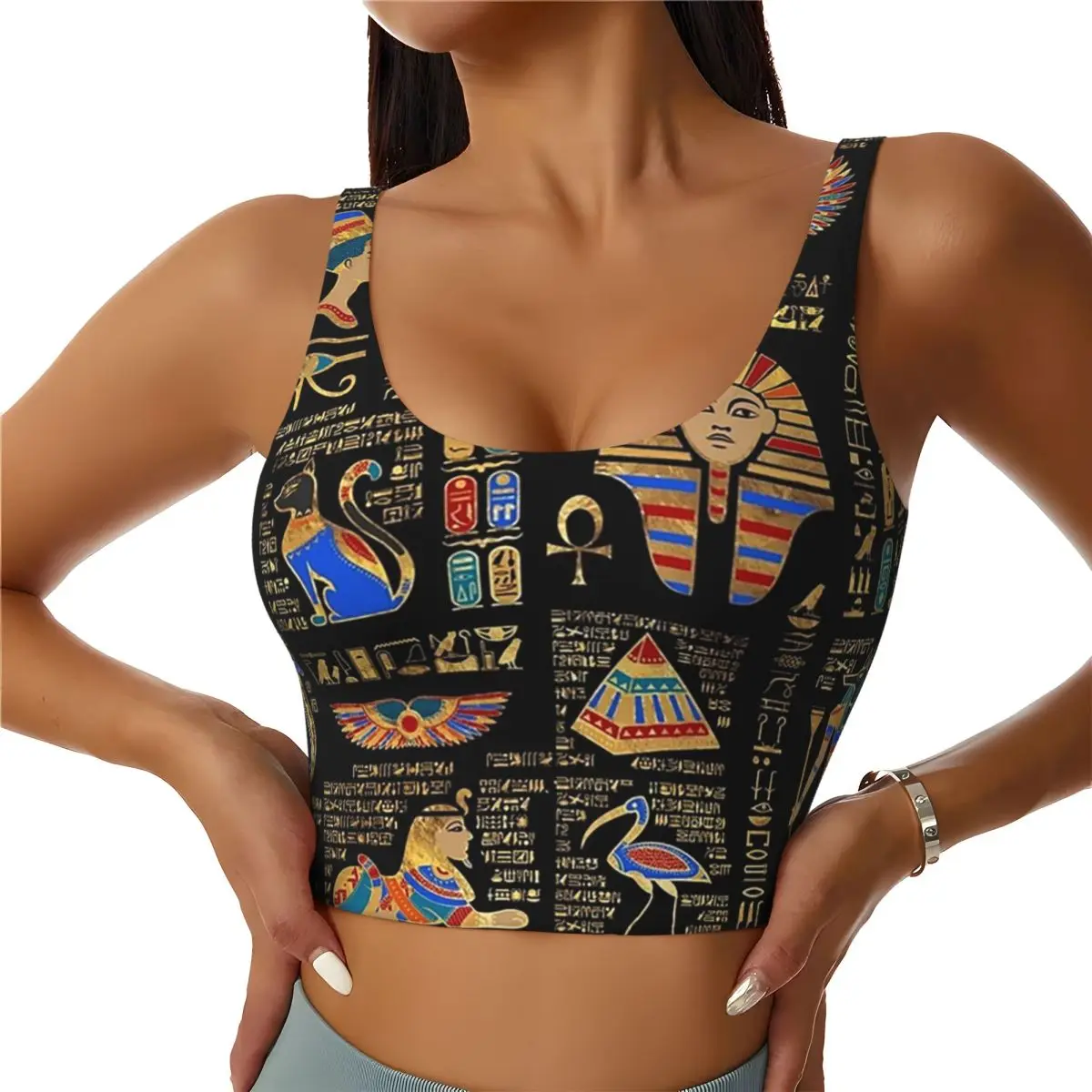 

Custom Egyptian Hieroglyphs And Deities On Black Women Sports Bra High Impact Vest Gym Workout Yoga Crop Tank Top
