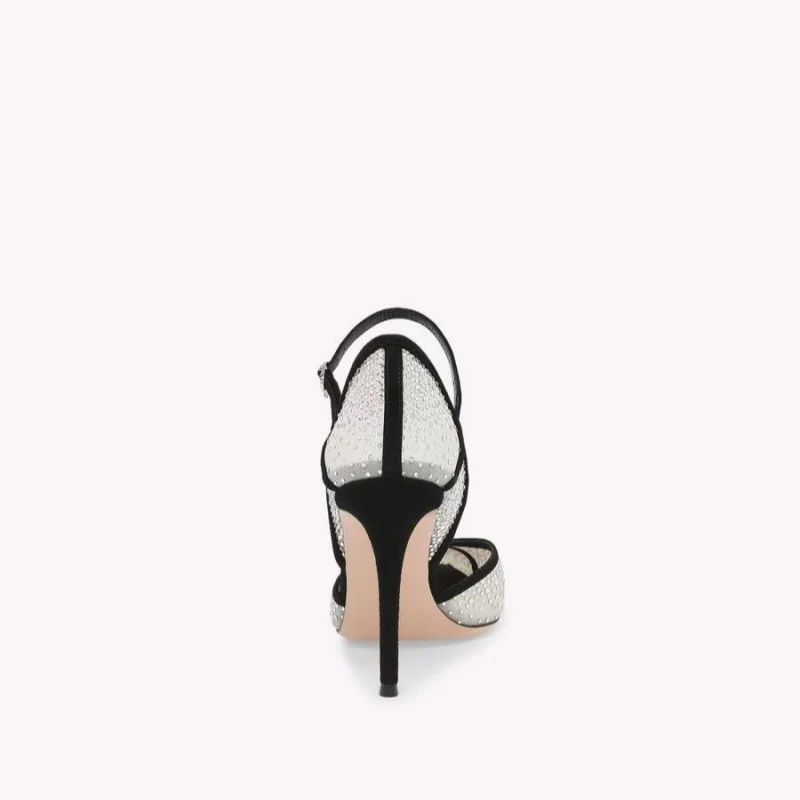 Spring and summer new pointed hollow mesh rhinestone patch sandals banquet dress versatile sexy high-heeled women's shoes