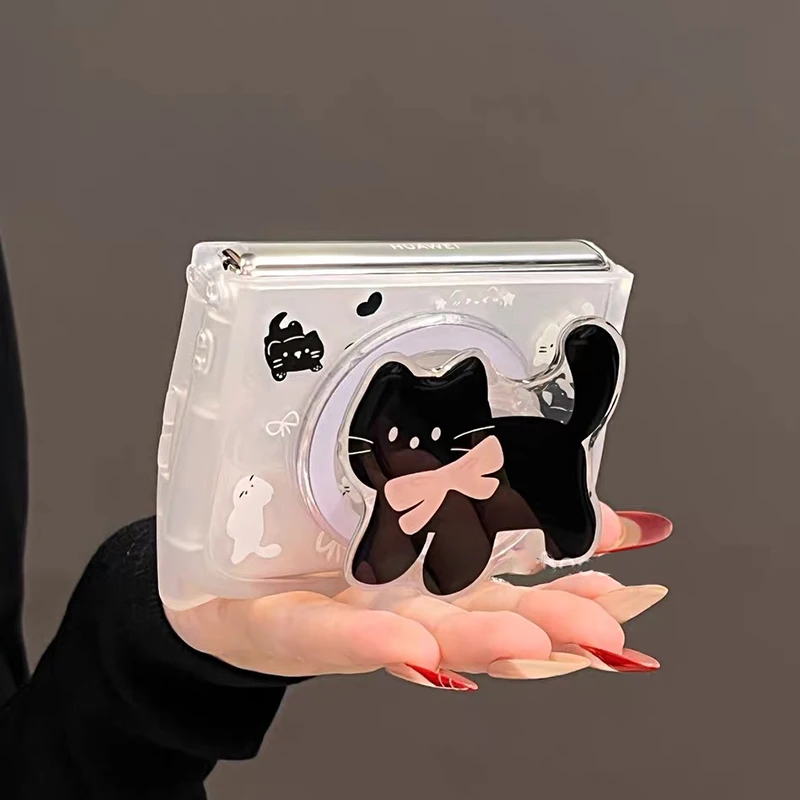 Z Flip7 Case Cute Cat Ear Clear Silicone Magnetic Stand Phone Case for Samsung Galaxy Z Flip7 Z Flip6 Z Flip5 Foldable Cover