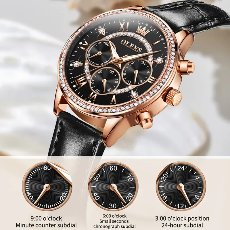 OLEVS Women's Watches Fashion Elegant Diamond Bezel Original Watch for Ladies Soft Leather Strap Waterproof Luminous Chronograph